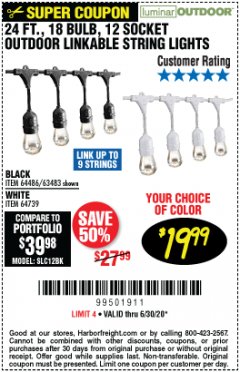 Harbor Freight Coupon 24 FT., 18 BULB, 12 SOCKET OUTDOOR STRING LIGHTS Lot No. 64486/63843/64739 Expired: 6/30/20 - $19.99