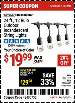 Harbor Freight Coupon 24 FT., 18 BULB, 12 SOCKET OUTDOOR STRING LIGHTS Lot No. 64486/63843/64739 Expired: 7/17/22 - $19.99