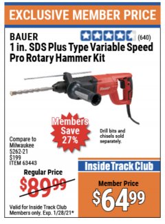 Harbor Freight ITC Coupon 7.3 AMP, 1" SDS PRO ROTARY HAMMER KIT Lot No. 63443/63433 Expired: 1/28/21 - $64.99