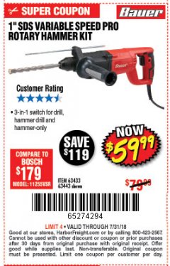 Harbor Freight Coupon 7.3 AMP, 1" SDS PRO ROTARY HAMMER KIT Lot No. 63443/63433 Expired: 7/31/18 - $59.99