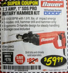 Harbor Freight Coupon 7.3 AMP, 1" SDS PRO ROTARY HAMMER KIT Lot No. 63443/63433 Expired: 12/31/18 - $59.99