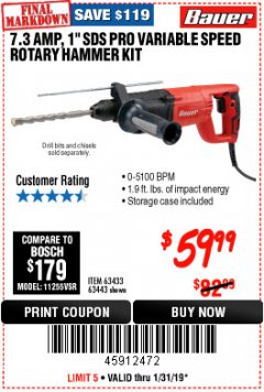 Harbor Freight Coupon 7.3 AMP, 1" SDS PRO ROTARY HAMMER KIT Lot No. 63443/63433 Expired: 1/31/19 - $59.99
