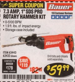 Harbor Freight Coupon 7.3 AMP, 1" SDS PRO ROTARY HAMMER KIT Lot No. 63443/63433 Expired: 3/31/19 - $59.99