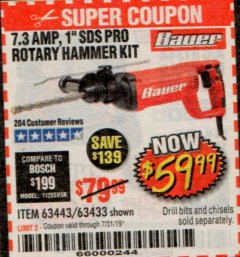 Harbor Freight Coupon 7.3 AMP, 1" SDS PRO ROTARY HAMMER KIT Lot No. 63443/63433 Expired: 7/31/19 - $59.99