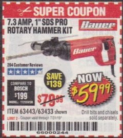Harbor Freight Coupon 7.3 AMP, 1" SDS PRO ROTARY HAMMER KIT Lot No. 63443/63433 Expired: 7/31/19 - $59.99