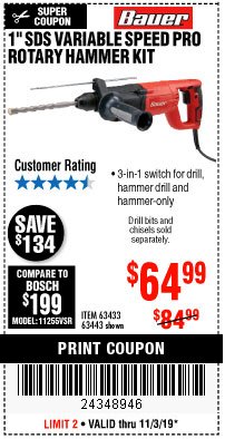 Harbor Freight Coupon 7.3 AMP, 1" SDS PRO ROTARY HAMMER KIT Lot No. 63443/63433 Expired: 11/3/19 - $64.99