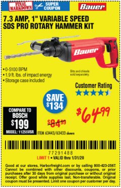 Harbor Freight Coupon 7.3 AMP, 1" SDS PRO ROTARY HAMMER KIT Lot No. 63443/63433 Expired: 1/31/20 - $64.99