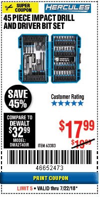 Harbor Freight Coupon HERCULES 45 PIECE IMPACT DRILL AND DRIVER BIT SET Lot No. 63383 Expired: 7/22/18 - $17.99