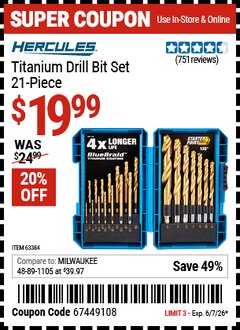 Harbor Freight Coupon HERCULES TITANIUM DRILL BIT SET, 21-PIECE Lot No. 63384 Valid Thru: 6/7/26 - $19.99
