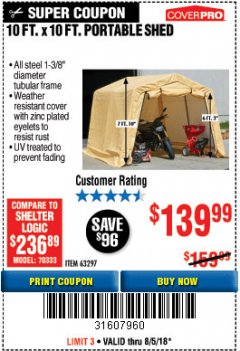 Harbor Freight Coupon COVERPRO 10 FT. X 10 FT. PORTABLE SHED Lot No. 63297 Expired: 8/5/18 - $139.99
