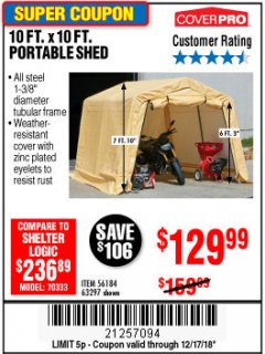 Harbor Freight Coupon COVERPRO 10 FT. X 10 FT. PORTABLE SHED Lot No. 63297 Expired: 12/17/18 - $129.99