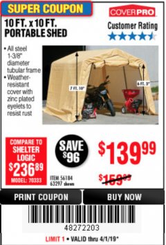 Harbor Freight Coupon COVERPRO 10 FT. X 10 FT. PORTABLE SHED Lot No. 63297 Expired: 4/1/19 - $139.99