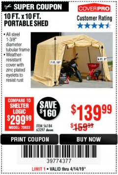 Harbor Freight Coupon COVERPRO 10 FT. X 10 FT. PORTABLE SHED Lot No. 63297 Expired: 4/14/19 - $139.99
