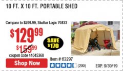 Harbor Freight Coupon COVERPRO 10 FT. X 10 FT. PORTABLE SHED Lot No. 63297 Expired: 9/30/19 - $129.99