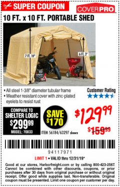 Harbor Freight Coupon COVERPRO 10 FT. X 10 FT. PORTABLE SHED Lot No. 63297 Expired: 12/31/19 - $129.99