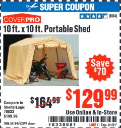 Harbor Freight Coupon COVERPRO 10 FT. X 10 FT. PORTABLE SHED Lot No. 63297 Expired: 2/1/21 - $129.99