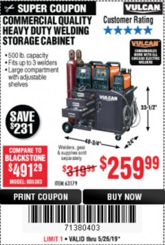 Harbor Freight Coupon VULCAN COMMERCIAL QUALITY HEAVY DUTY WELDING CABINET Lot No. 63179 Expired: 5/26/19 - $259.99