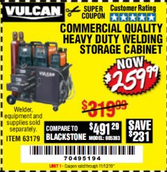 Harbor Freight Coupon VULCAN COMMERCIAL QUALITY HEAVY DUTY WELDING CABINET Lot No. 63179 Expired: 11/12/19 - $259.99