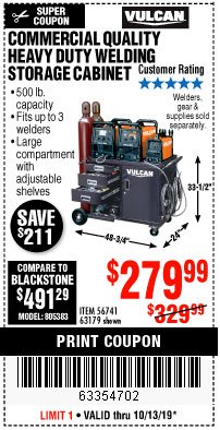 Harbor Freight Coupon VULCAN COMMERCIAL QUALITY HEAVY DUTY WELDING CABINET Lot No. 63179 Expired: 10/13/19 - $279.99