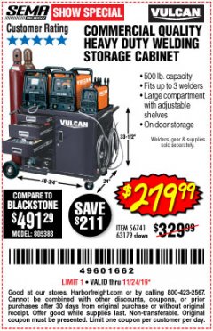 Harbor Freight Coupon VULCAN COMMERCIAL QUALITY HEAVY DUTY WELDING CABINET Lot No. 63179 Expired: 11/24/19 - $279.99