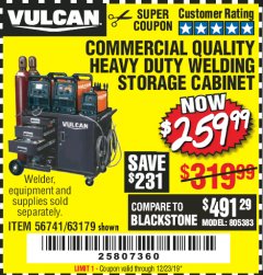Harbor Freight Coupon VULCAN COMMERCIAL QUALITY HEAVY DUTY WELDING CABINET Lot No. 63179 Expired: 12/23/19 - $259.99