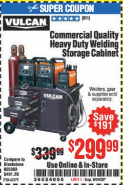 Harbor Freight Coupon VULCAN COMMERCIAL QUALITY HEAVY DUTY WELDING CABINET Lot No. 63179 Expired: 9/24/20 - $299.99