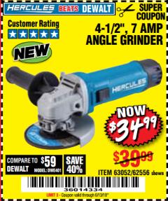 Harbor Freight Coupon HERCULES 4-1/2" ANGLE GRINDER MODEL HE61S Lot No. 63052/62556 Expired: 6/13/18 - $34.99