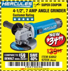 Harbor Freight Coupon HERCULES 4-1/2" ANGLE GRINDER MODEL HE61S Lot No. 63052/62556 Expired: 8/30/18 - $34.99