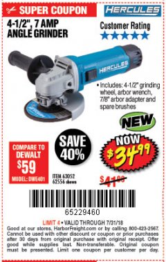 Harbor Freight Coupon HERCULES 4-1/2" ANGLE GRINDER MODEL HE61S Lot No. 63052/62556 Expired: 7/31/18 - $34.99