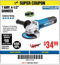 Harbor Freight Coupon HERCULES 4-1/2" ANGLE GRINDER MODEL HE61S Lot No. 63052/62556 Expired: 7/22/18 - $34.99