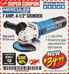 Harbor Freight Coupon HERCULES 4-1/2" ANGLE GRINDER MODEL HE61S Lot No. 63052/62556 Expired: 2/28/19 - $34.99