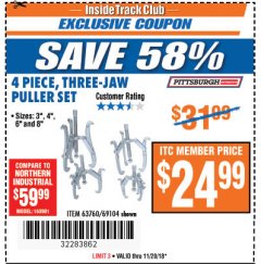 Harbor Freight ITC Coupon PITTSBURGH THREE-JAW PULLER SET, 4-PIECE Lot No. 63760 Expired: 11/20/18 - $24.99