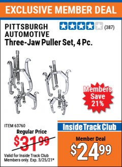 Harbor Freight ITC Coupon THREE-JAW PULLER 4 PIECE SET Lot No. 63760/69104 Expired: 3/25/21 - $24.99