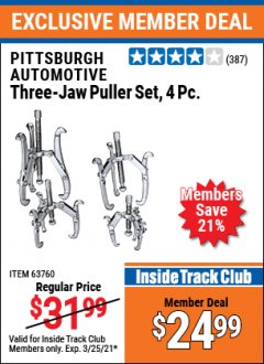 Harbor Freight ITC Coupon PITTSBURGH THREE-JAW PULLER SET, 4-PIECE Lot No. 63760 Expired: 3/25/21 - $24.99