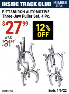 Harbor Freight ITC Coupon PITTSBURGH THREE-JAW PULLER SET, 4-PIECE Lot No. 63760 Expired: 1/6/22 - $27.99