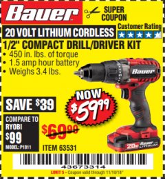 Harbor Freight Coupon BAUER 20 VOLT CORDLESS 1/2" COMPACT DRILL/DRIVER KIT Lot No. 63531 Expired: 11/10/18 - $59.99