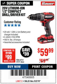 Harbor Freight Coupon BAUER 20 VOLT CORDLESS 1/2" COMPACT DRILL/DRIVER KIT Lot No. 63531 Expired: 9/2/19 - $59.99