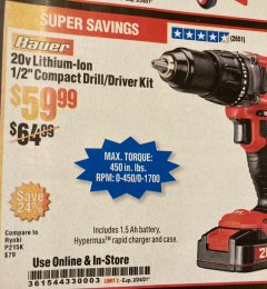 Harbor Freight Coupon BAUER 20 VOLT CORDLESS 1/2" COMPACT DRILL/DRIVER KIT Lot No. 63531 Expired: 2/24/21 - $59.99