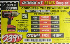 Harbor Freight Coupon EARTHQUAKE XT 20 VOLT CORDLESS EXTREME TORQUE 1/2" IMPACT WRENCH KIT Lot No. 63852/63537/64195 Expired: 10/31/18 - $239.99