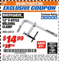 Harbor Freight ITC Coupon BERGER 12 IN. F-STYLE WELDING CLAMP Lot No. 63512 Expired: 7/31/18 - $14.99