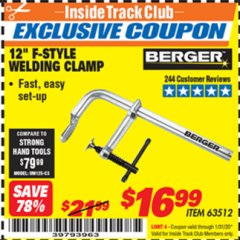 Harbor Freight ITC Coupon BERGER 12 IN. F-STYLE WELDING CLAMP Lot No. 63512 Expired: 1/31/20 - $16.99