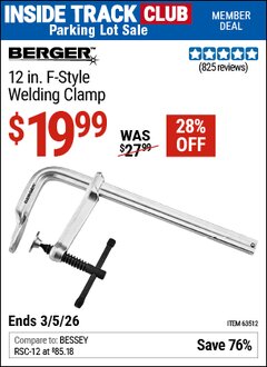 Harbor Freight ITC Coupon BERGER 12 IN. F-STYLE WELDING CLAMP Lot No. 63512 Expired: 3/5/26 - $19.99