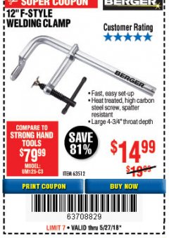 Harbor Freight Coupon BERGER 12 IN. F-STYLE WELDING CLAMP Lot No. 63512 Expired: 5/27/18 - $14.99