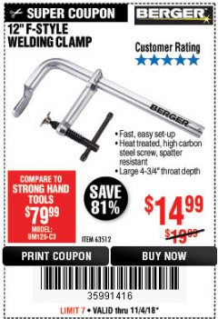 Harbor Freight Coupon BERGER 12 IN. F-STYLE WELDING CLAMP Lot No. 63512 Expired: 11/4/18 - $14.99