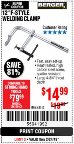 Harbor Freight Coupon BERGER 12 IN. F-STYLE WELDING CLAMP Lot No. 63512 Expired: 2/24/19 - $14.99