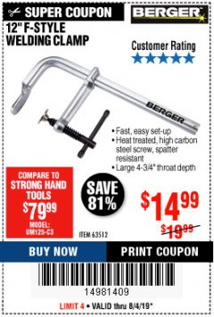 Harbor Freight Coupon BERGER 12 IN. F-STYLE WELDING CLAMP Lot No. 63512 Expired: 8/4/19 - $14.99
