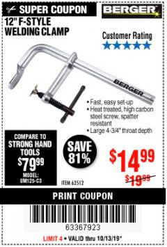Harbor Freight Coupon BERGER 12 IN. F-STYLE WELDING CLAMP Lot No. 63512 Expired: 10/13/19 - $14.99