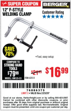 Harbor Freight Coupon 12" F-STYLE WELDING CLAMP Lot No. 63512 Expired: 2/23/20 - $16.99