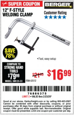 Harbor Freight Coupon BERGER 12 IN. F-STYLE WELDING CLAMP Lot No. 63512 Expired: 2/23/20 - $16.99