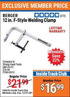 Harbor Freight ITC Coupon BERGER 12 IN. F-STYLE WELDING CLAMP Lot No. 63512 Expired: 12/31/20 - $16.99